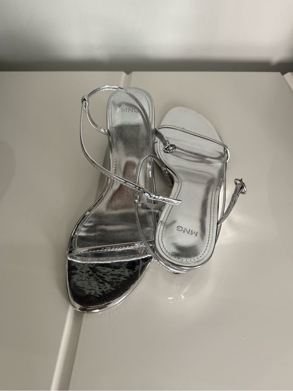Mango Metallic Silver Strappy Slingback Heels